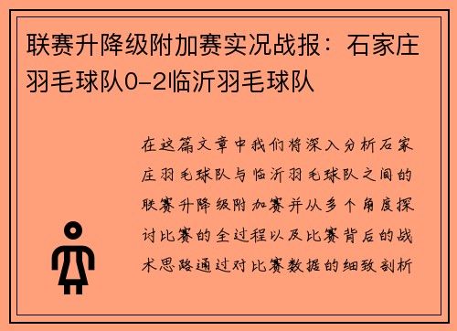 联赛升降级附加赛实况战报：石家庄羽毛球队0-2临沂羽毛球队